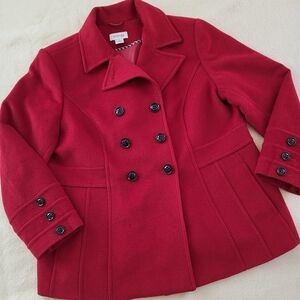 Red Cashmere Wool Blend Midi Coat Women's Size 1X Lined Pea Coat